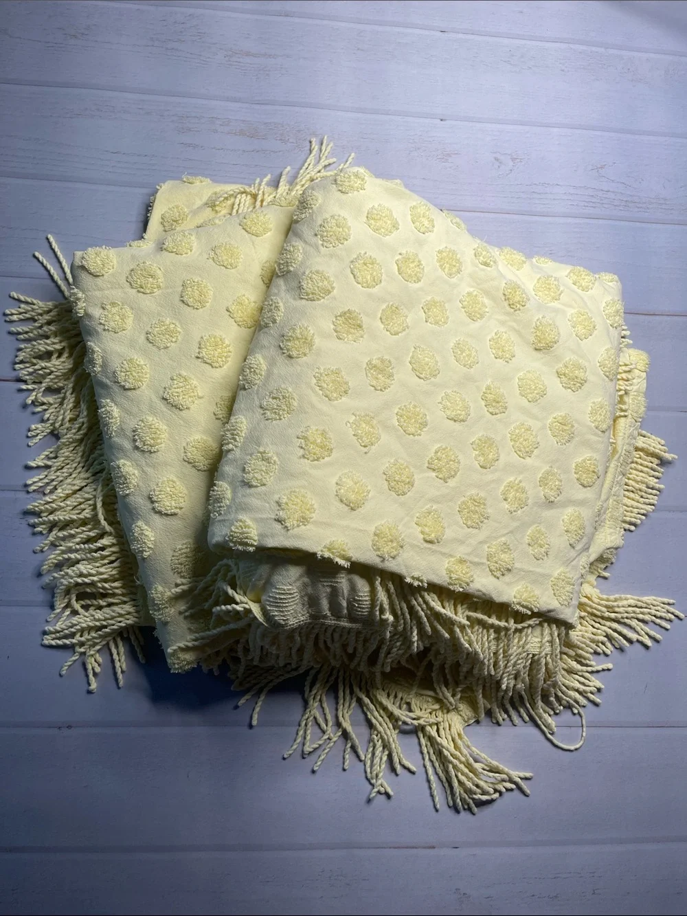 Set of 2 Twin Bedspread Chenille Polka Dots Butter Yellow Fringe Bed Spread